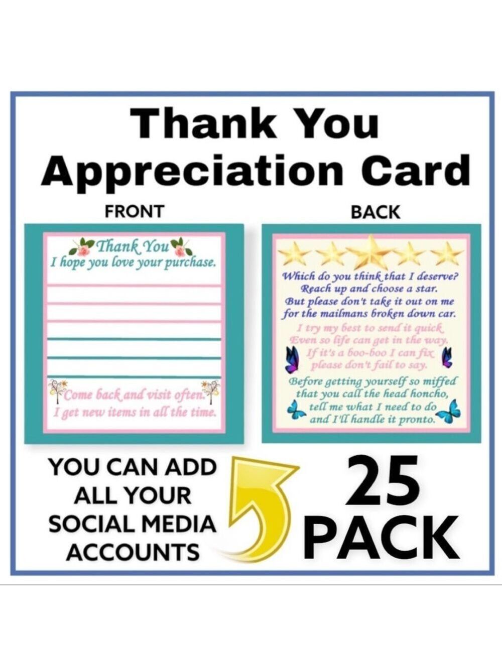 25 3x3 Thank You / Appreciation Card ADD ON DEAL PRICE IS FIRM - Picture 2 of 4